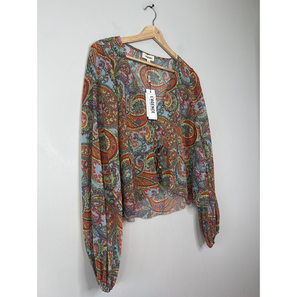 NWT L'agence Pixie Bohemian Long Sleeve Paisley Print Crepe De Chine Blouse Red - Picture 3 of 8